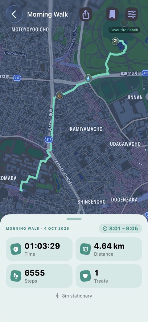 Walk summary in a mint theme, with the route on the map and a favourite bench marked