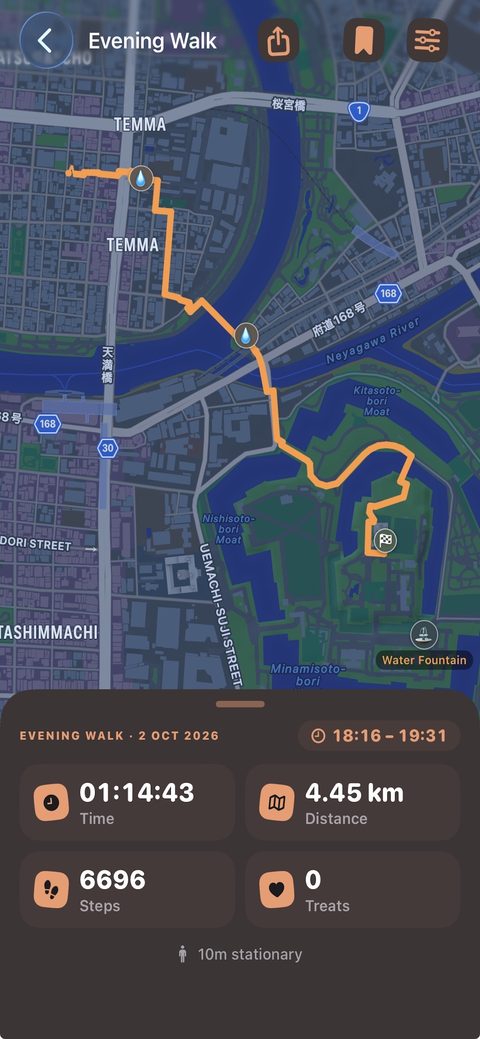 Evening walk summary in a dark orange theme with the route drawn on the map