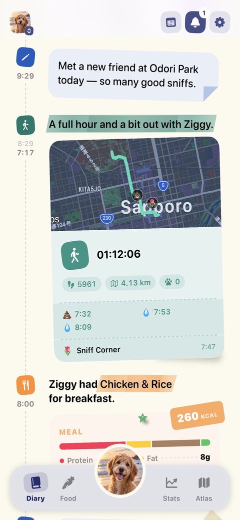 Diary in a light theme with a walk card and map, and a meal note