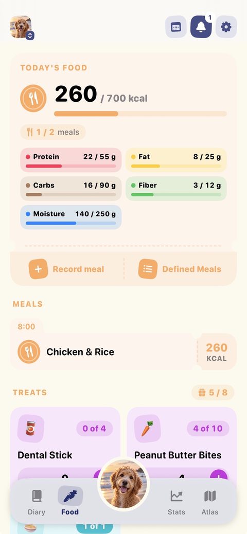 Food screen with today's calories, nutrients, meals and treat counters