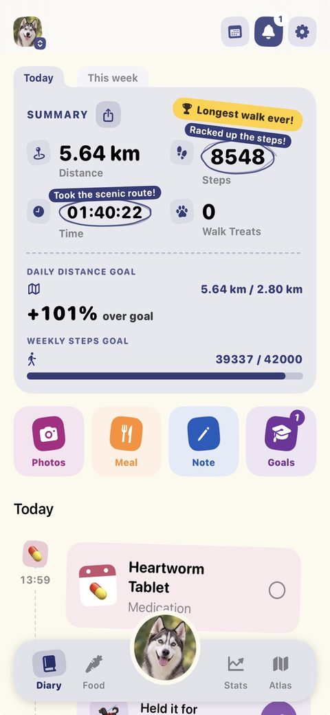 Diary in a light purple theme with the week's summary, goals and quick actions