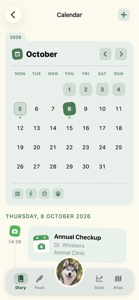 Calendar month grid for October with a day selected and an appointment below