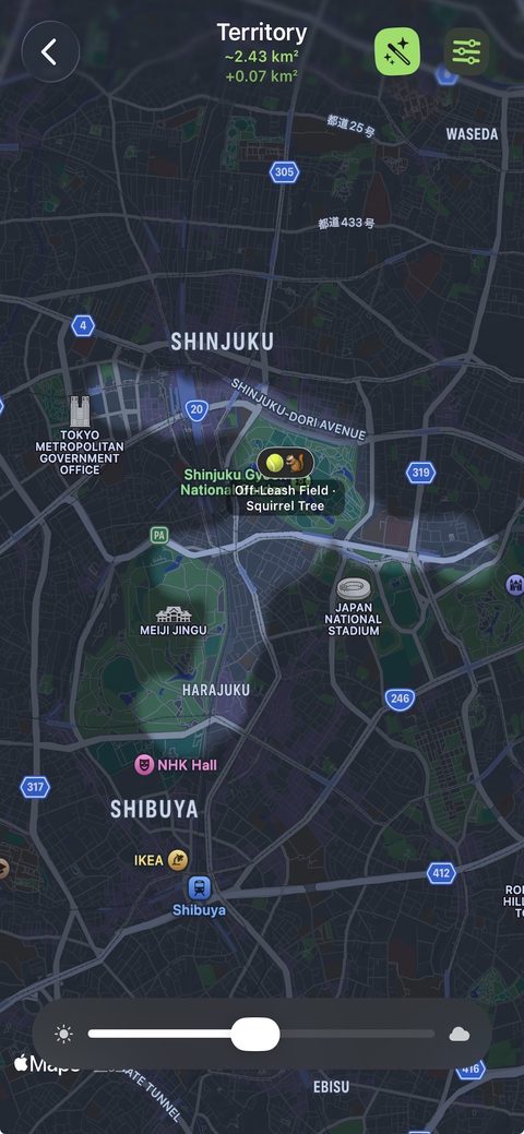 Territory map over Shinjuku, Shibuya and Harajuku with explored area highlighted and an off-leash field marked