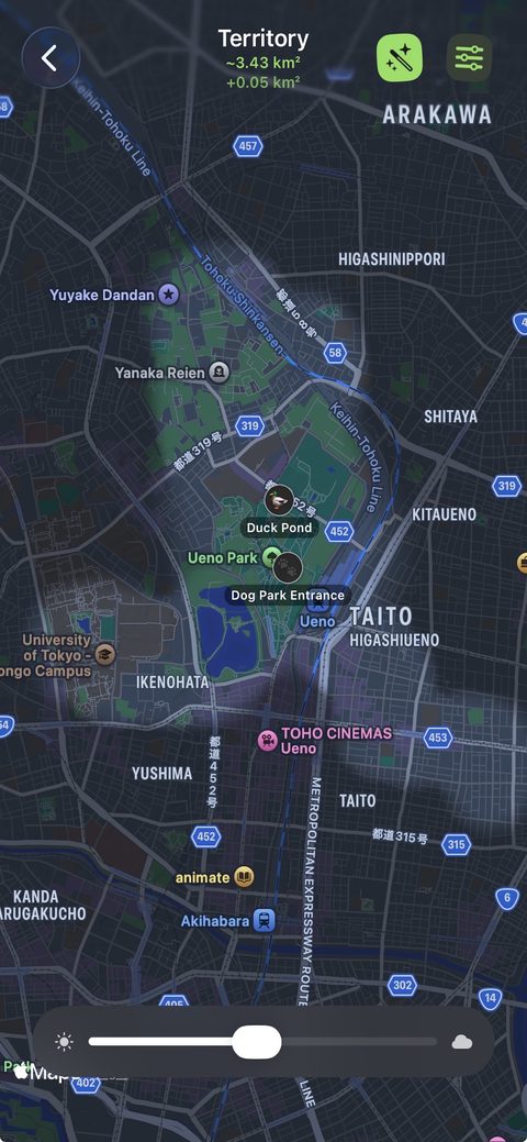 Territory map over Ueno Park with explored area highlighted and a duck pond and dog park entrance marked